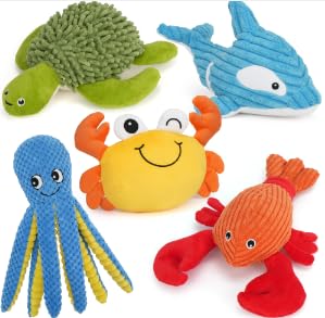 PrimePets Plüschtiere für Hunde Welpen 5 STK., Plüsch Hundespielzeug mit Quietscher, Plüschspielzeug für Hunde, interaktives Kuscheltier (Meerestiere) von PrimePets