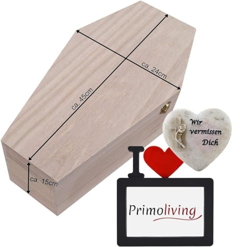 PrimoLiving petbye Holz Haustiersarg mit Gedenkset - Größe L für mittelgroße Haustiere - Tiersarg mit Metallverschluss - Sarg inkl. Gedenkstein und Bilderrahmen von PrimoLiving
