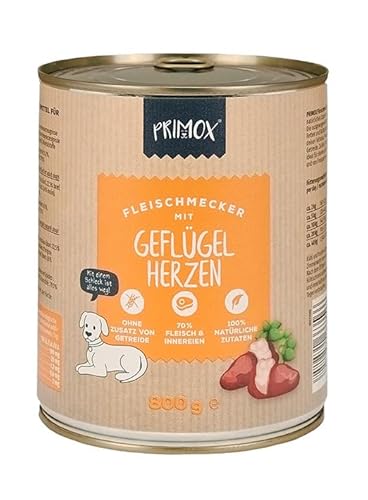 PRIMOX® Fleischmecker Hunde-Nassfutter | Getreidefrei | 70% Fleisch & Innereien | 100% Natürlich | Omega-3 für Haut & Fell | Gluten- & Laktosefrei (Geflügelherzen, 800 g) von Primox