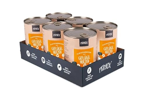 PRIMOX® Fleischmecker Hunde-Nassfutter | Getreidefrei | 70% Fleisch & Innereien | Made in Germany & 100% Natürlich | Omega-3 für Haut & Fell | Gluten- & Laktosefrei (Geflügelherzen, 6x400 g) von Primox