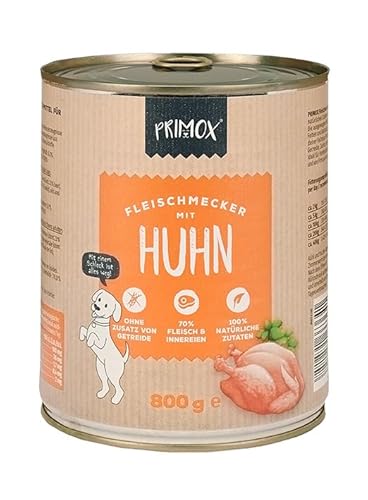PRIMOX® Fleischmecker Hunde-Nassfutter | Getreidefrei | 70% Fleisch & Innereien | Made in Germany & 100% Natürlich | Omega-3 für Haut & Fell | Gluten- & Laktosefrei (Huhn, 800 g) von Primox