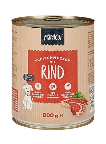 PRIMOX® Fleischmecker Hunde-Nassfutter | Getreidefrei | 70% Fleisch & Innereien | Made in Germany & 100% Natürlich | Omega-3 für Haut & Fell | Gluten- & Laktosefrei (Rind, 800 g) von Primox