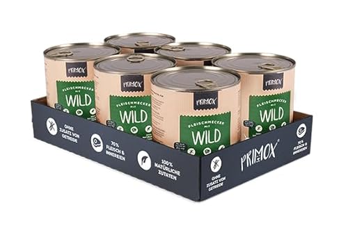 PRIMOX® Fleischmecker Hunde-Nassfutter | Getreidefrei | 70% Fleisch & Innereien | Made in Germany & 100% Natürlich | Omega-3 für Haut & Fell | Gluten- & Laktosefrei (Wild, 6x800 g) von Primox