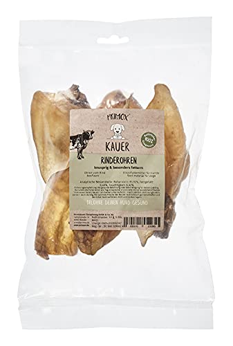 PRIMOX® Rinderohren 10 x 50g I 100% natürlicher, knuspriger & fettarmer Kausnack I Unterstützt Zahnpflege I Perfekte Alternative zu Schweineohren von Primox