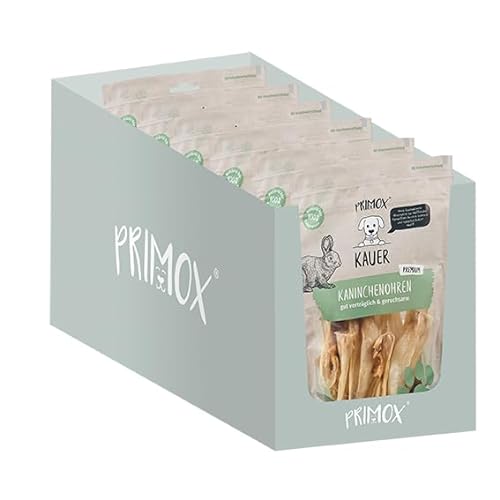 PRIMOX Kaninchenohren 6 x 100g I Verträglicher, geruchsarmer Premium Kausnack für Hunde | Für ernährungssensible Hunde | Zahnfreundlich & stressreduzierend von Primox