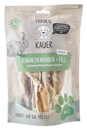 PRIMOX Kaninchenohren mit Fell 100g I Kalzium- und ballaststoffreicher Premium Kausnack für Hunde | 100% natürlich | Zahnfreundlich & Stressreduzierend | Hochwertige Proteinquelle von Primox