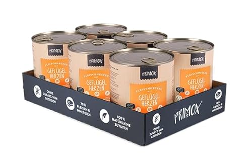 PRIMOX® Fleischmecker Hunde-Nassfutter | Getreidefrei | 70% Fleisch & Innereien | 100% Natürlich | Omega-3 für Haut & Fell | Gluten- & Laktosefrei (Geflügelherzen, 6x800 g) von Primox