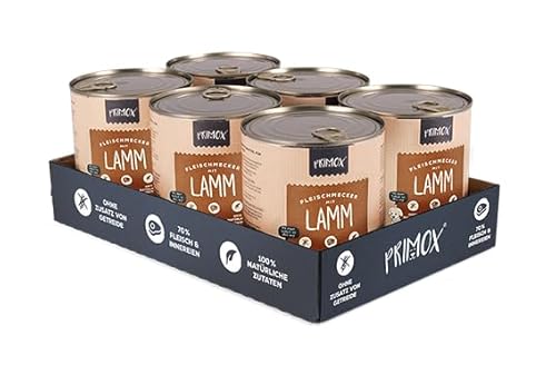 PRIMOX® Fleischmecker Hunde-Nassfutter | Getreidefrei | 70% Fleisch & Innereien | Made in Germany & 100% Natürlich | Omega-3 für Haut & Fell | Gluten- & Laktosefrei (Lamm, 6x800 g) von Primox