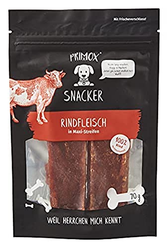 PRIMOX SNACKER Rindfleisch in Maxi Streifen - getreidefreier Fleisch-Snack/Leckerli für Hunde - ideal für's Training, 1er Pack (1 x 0.07 kilograms) von Primox