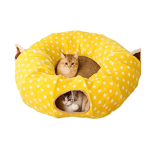 Primst Katzentunnel Katzenbett Katzenhöhle Katzenbett Klappbar Abnehmbarer Warm Plüsch Bett?Katze Tunnel Spielzeug und Bett 2 in 1Interaktives Versteckspielzeug für Kätzchen (Vollmond,Gelb) von Primst