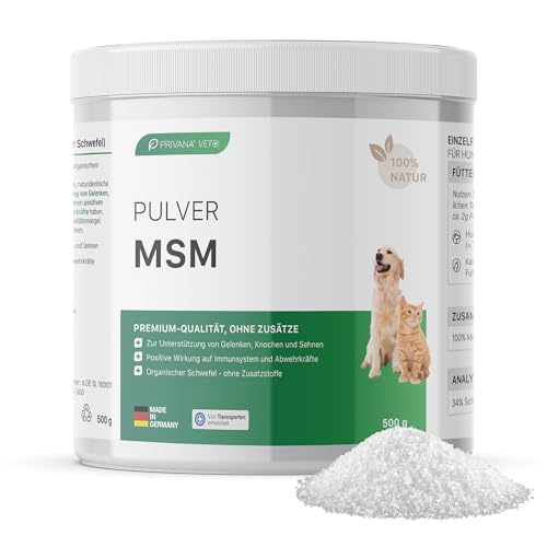 Privana Reines MSM-Pulver für Hunde, Katzen & Pferde (500g) –organisches Schwefel-Pulver für Gelenke, Knochen, Sehnen–Ergänzungsfuttermittel für Tiere von Privana