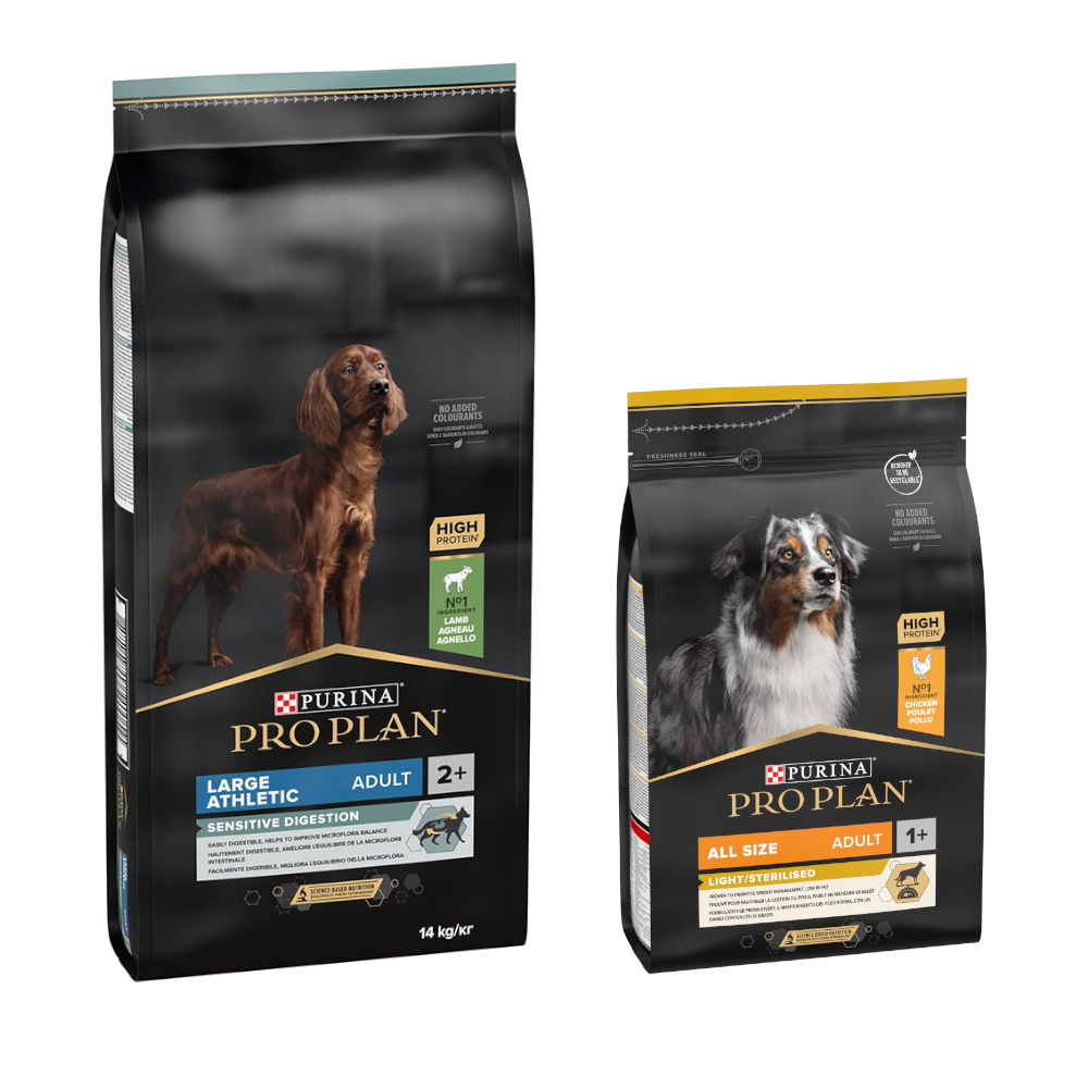 14 kg PURINA PRO PLAN Adult + 3 kg Extra-Packung gratis! - 14 kg Large Athletic Lamm & Reis Sensitive Digestion + 3 kg All Sizes Light/Sterilised von Pro Plan