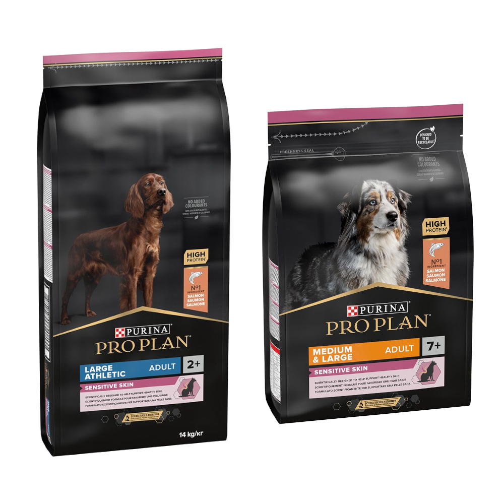 14 kg PURINA PRO PLAN Adult + 3 kg Extra-Packung gratis! - 14 kg Large Athletic Sensitive Skin Lachs + 3 kg Medium & Large 7+ Sensitive Skin von Pro Plan