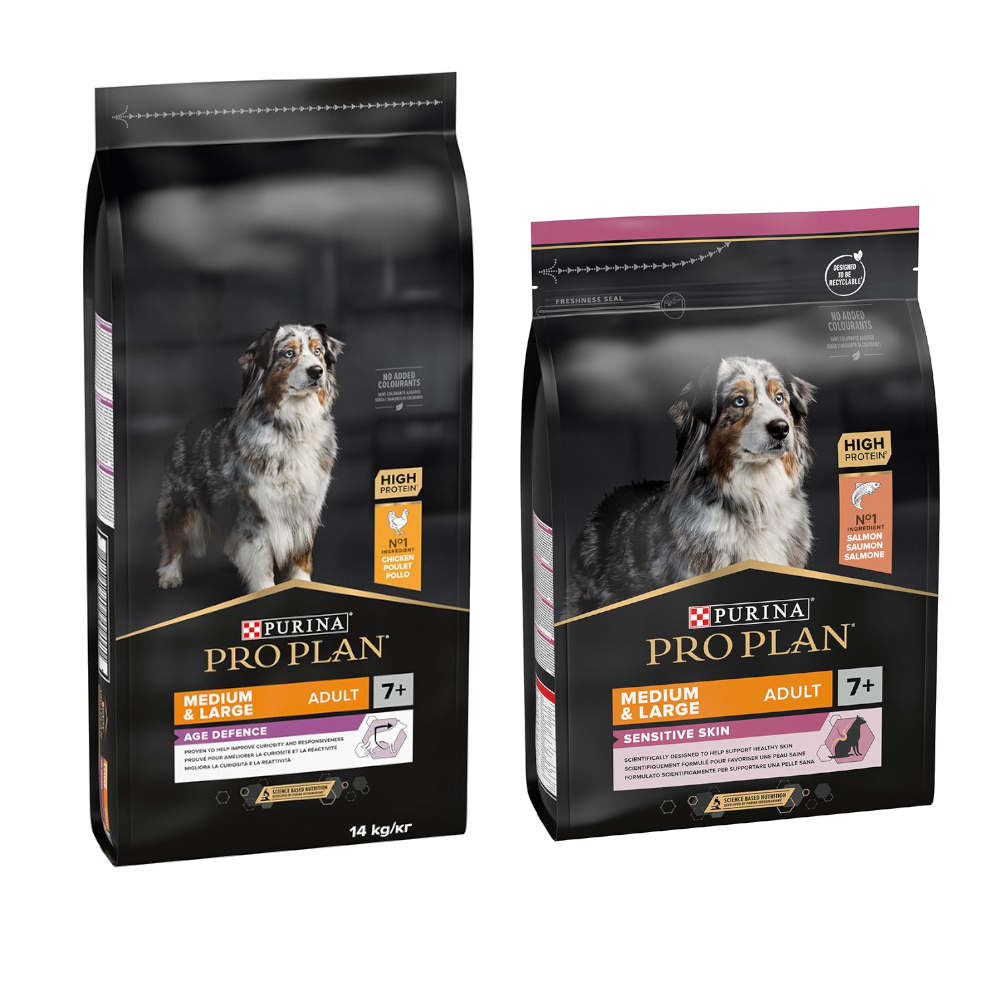 14 kg PURINA PRO PLAN Adult + 3 kg Extra-Packung gratis! - 14 kg Medium & Large 7+ Age Defence + 3 kg Medium & Large 7+ Sensitive Skin von Pro Plan