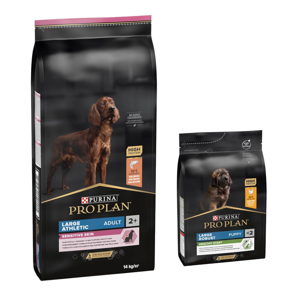 14 kg PURINA PRO PLAN Adult + 3 kg passendes Trockenfutter gratis! - 14 kg Large Athletic Sensitive Skin Lachs + 3 kg Large Robust Puppy Healthy Start von Pro Plan