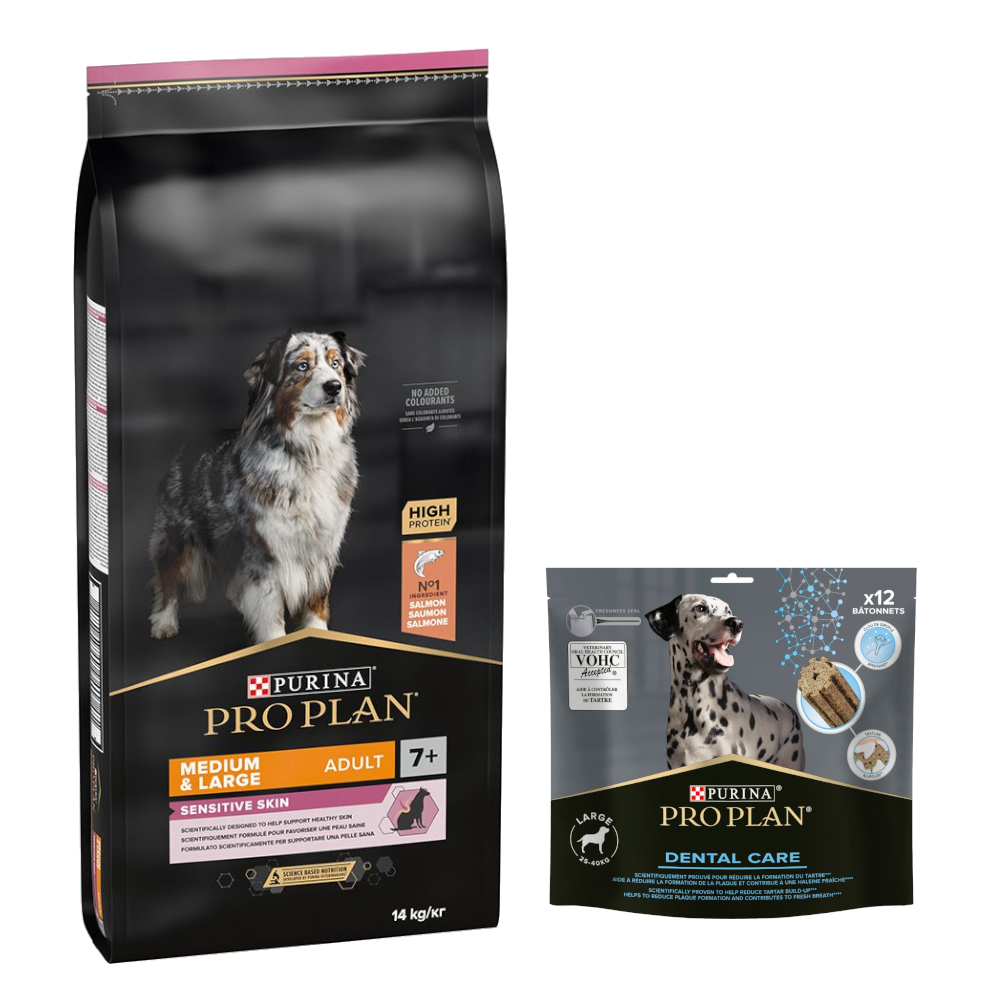 14 kg PURINA PRO PLAN Adult + Dental Care passender Snack gratis! - Medium & Large 7+ Sensitive Skin + für große Hunde 426 g 14 kg PURINA PRO PLAN Adult + Dental Care passender Snack gratis! - Medium & Large 7+ Sensitive Skin + für große Hunde 426 g von Pro Plan