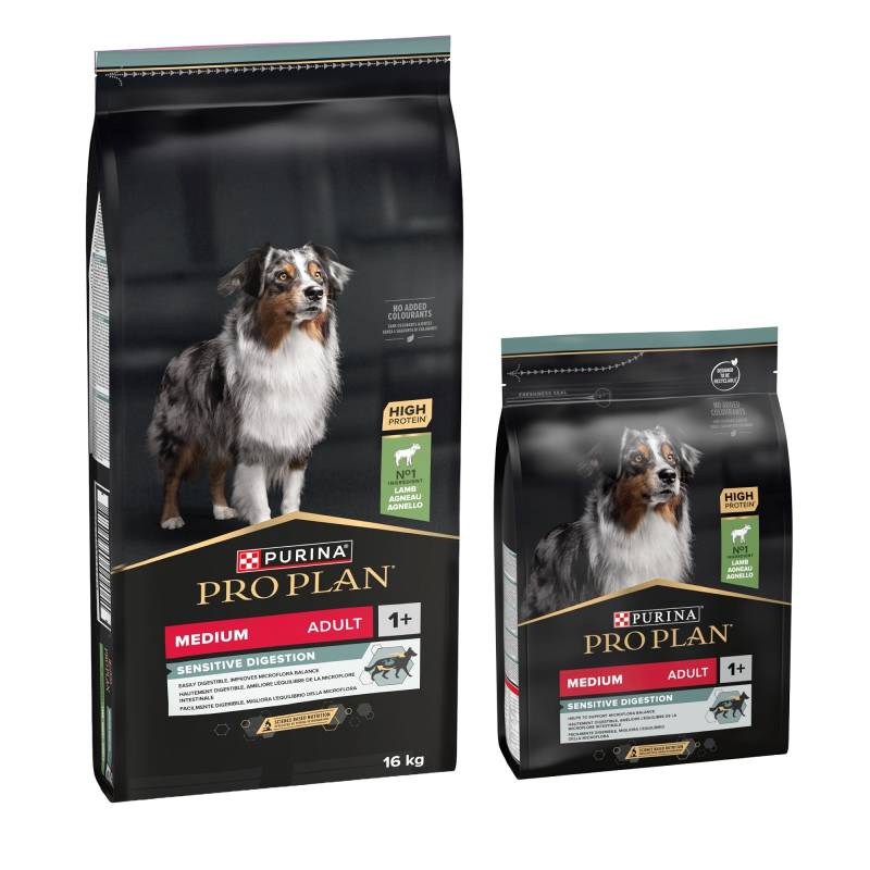 16 kg Pro Plan + 3 kg Trokenfutter / 12 x 400 g Nassfutter gratis! - 16 + 3 kg Medium Adult Lamm & Reis Sensitive Digestion 16 kg Pro Plan + 3 kg Trokenfutter / 12 x 400 g Nassfutter gratis! - 16 + 3 kg Medium Adult Lamm & Reis Sensitive Digestion von Pro Plan
