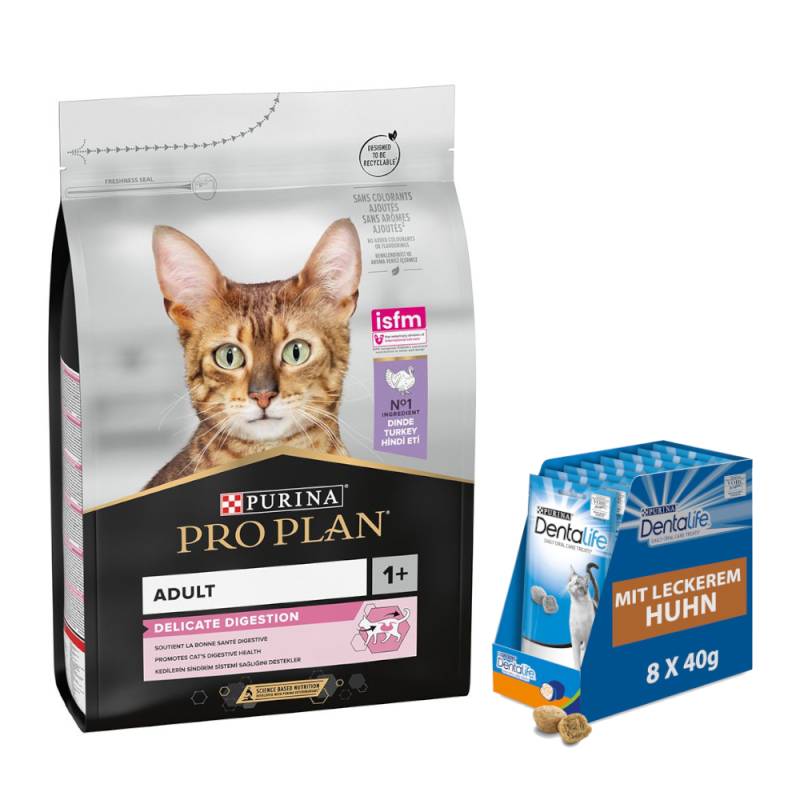 3 kg PURINA PRO PLAN + 8 x 40 g Dentalife Tägliche Katzensnacks mit Huhn gratis! - Adult Delicate Digestion reich an Truthahn von Pro Plan