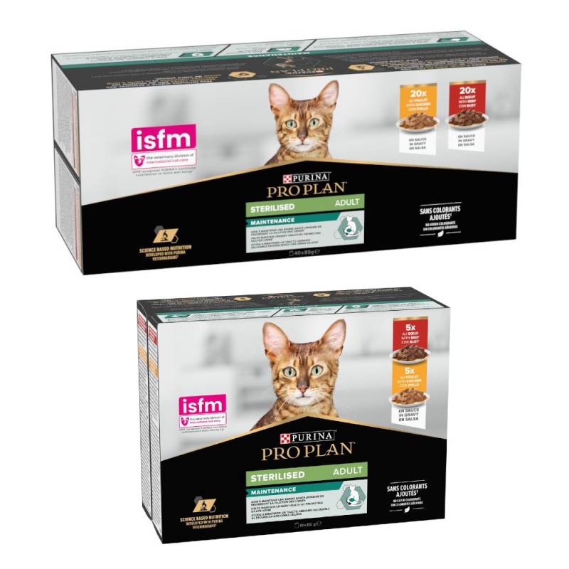 40 x 85 g PURINA PRO PLAN Adult + 10 x 85 g Sterilised Maintenance gratis! - 40 x 85 g Sterilised Rind & Huhn + 10 x 85 g Rind und Huhn von Pro Plan