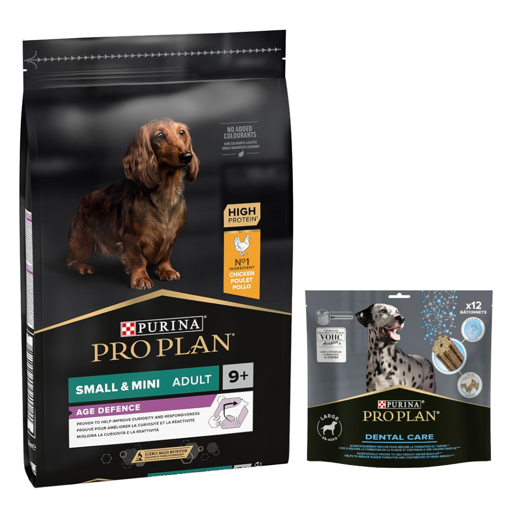 7 kg PURINA PRO PLAN Adult + 426 g Dental Care Snack für große Hunde gratis! - Small & Mini 9+ Age Defence von Pro Plan
