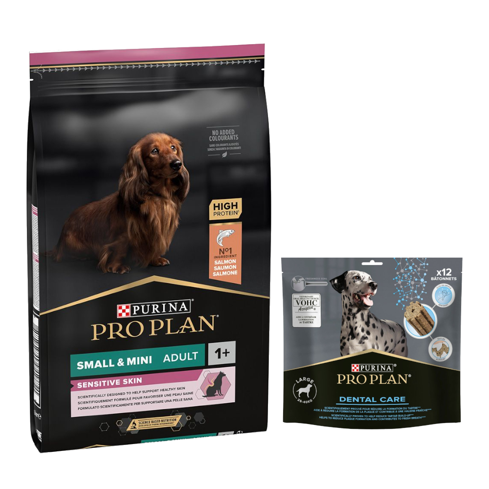 7 kg PURINA PRO PLAN Adult + 426 g Dental Care Snack für große Hunde gratis! - Small & Mini Sensitive Skin von Pro Plan