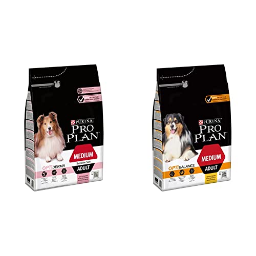 PURINA PRO PLAN Medium Adult Hundefutter trocken mit OPTIDERMA, reich an Lachs, 1er Pack (1 x 3kg) & PURINA PRO PLAN Medium Adult Hundefutter trocken mit OPTIBALANCE, reich an Huhn, 1er Pack (1 x 3kg) von Pro Plan