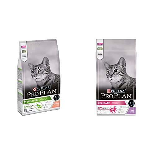 PURINA PRO PLAN STERILISED Adult 1+ Katzenfutter trocken mit OPTIRENAL, Lachs, 1er Pack (1 x 1,5kg) & PURINA PRO PLAN Delicate Katzenfutter trocken mit OPTIDIGEST, Truthahn(1 x 1,5kg) von Pro Plan