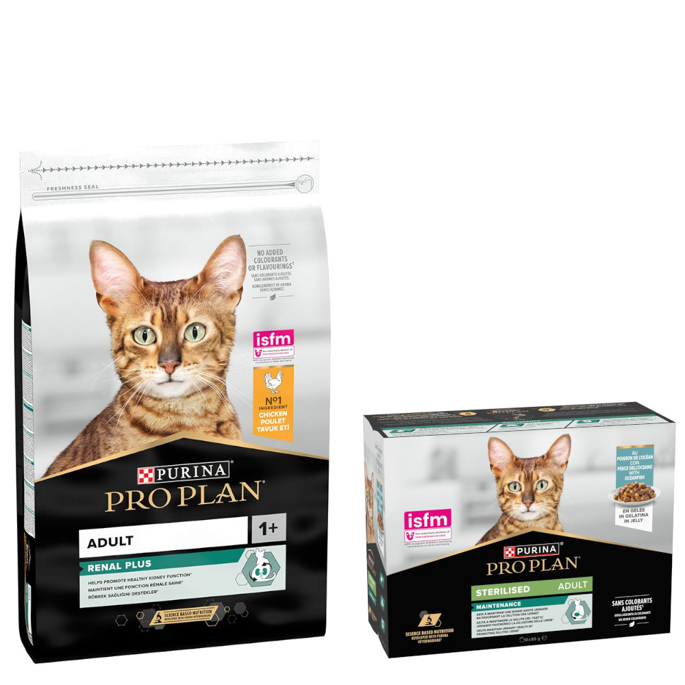 PURINA PRO PLAN Trockenfutter + 10 x 85 g Sterilised Adult Maintenance gratis!  - 10 kg Adult Renal Plus reich an Huhn von Pro Plan