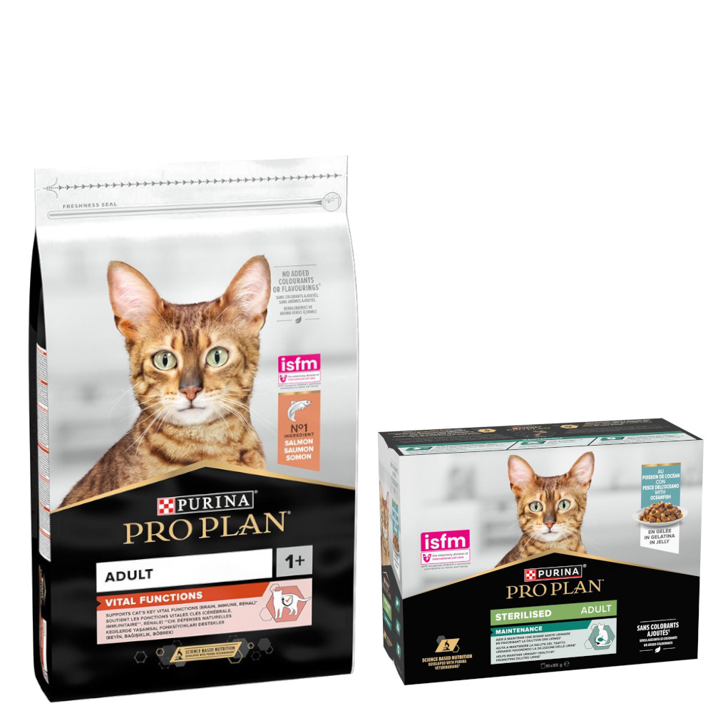 PURINA PRO PLAN Trockenfutter + 10 x 85 g Sterilised Adult Maintenance gratis!  - 10 kg Adult Vital Functions Lachs von Pro Plan