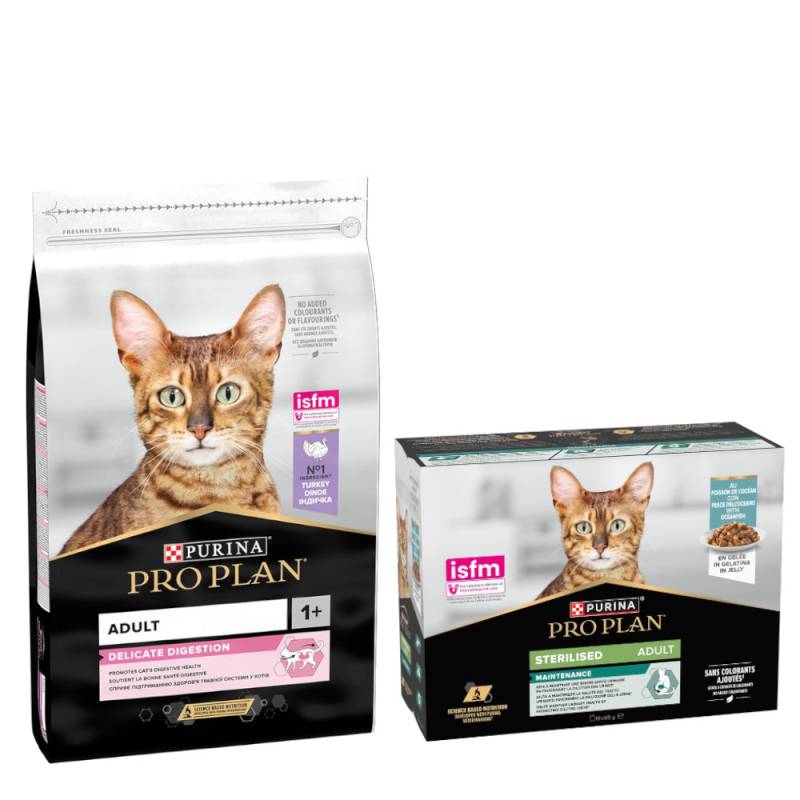 PURINA PRO PLAN Trockenfutter + 10 x 85 g Sterilised Adult Maintenance gratis!  - 10 kg Delicate Digestion reich an Truthahn von Pro Plan