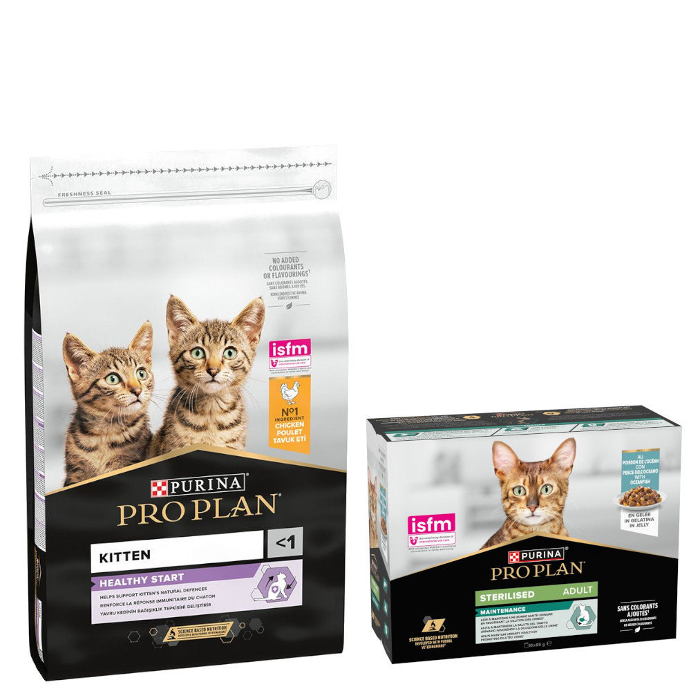 PURINA PRO PLAN Trockenfutter + 10 x 85 g Sterilised Adult Maintenance gratis!  - 10 kg Kitten Healthy Start reich an Huhn von Pro Plan