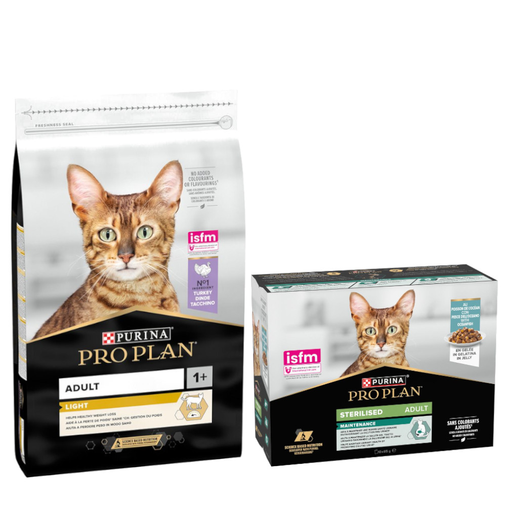 PURINA PRO PLAN Trockenfutter + 10 x 85 g Sterilised Adult Maintenance gratis!  - 10 kg Light Adult reich an Truthahn von Pro Plan