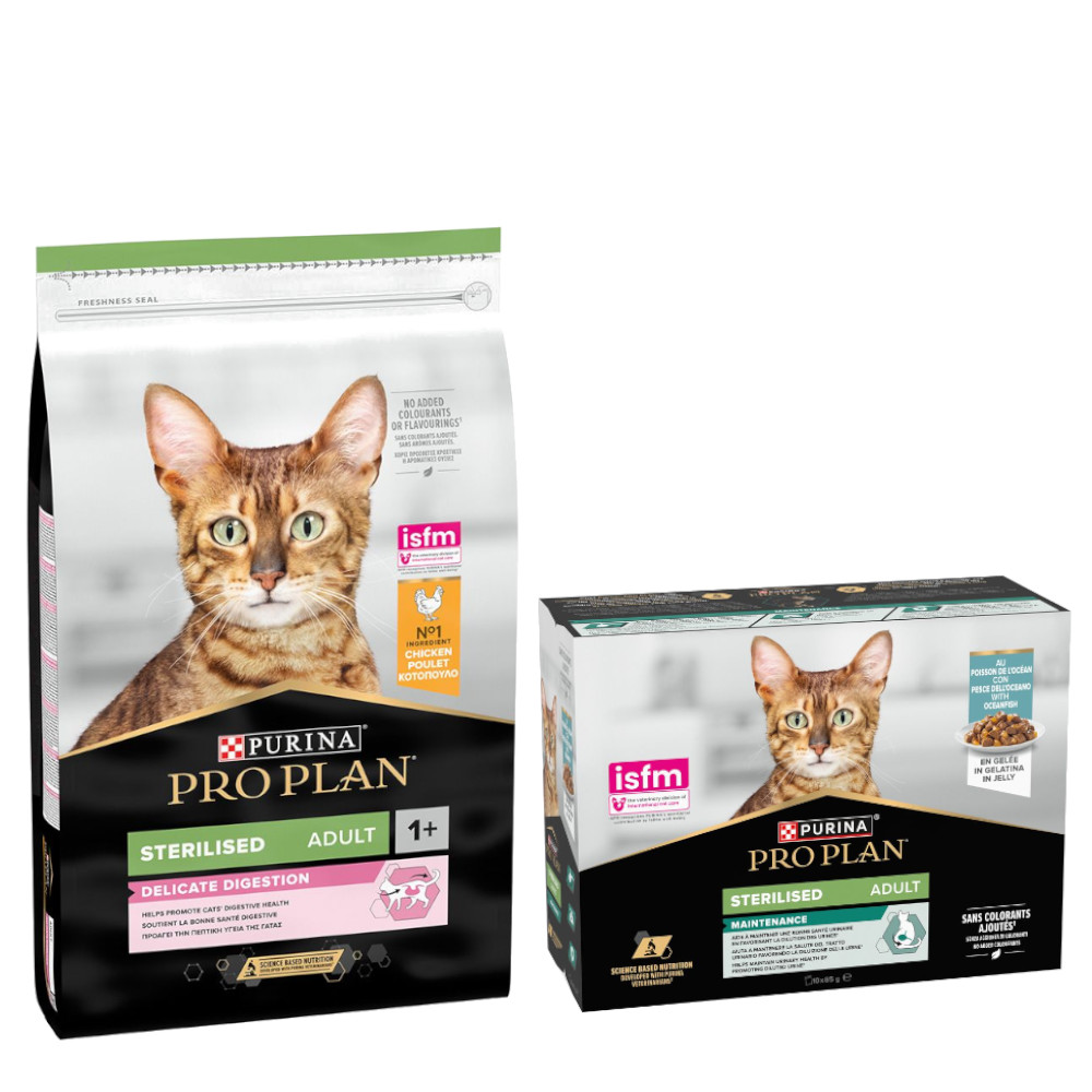 PURINA PRO PLAN Trockenfutter + 10 x 85 g Sterilised Adult Maintenance gratis!  - 10 kg Sterilised Adult Delicate Digestion von Pro Plan