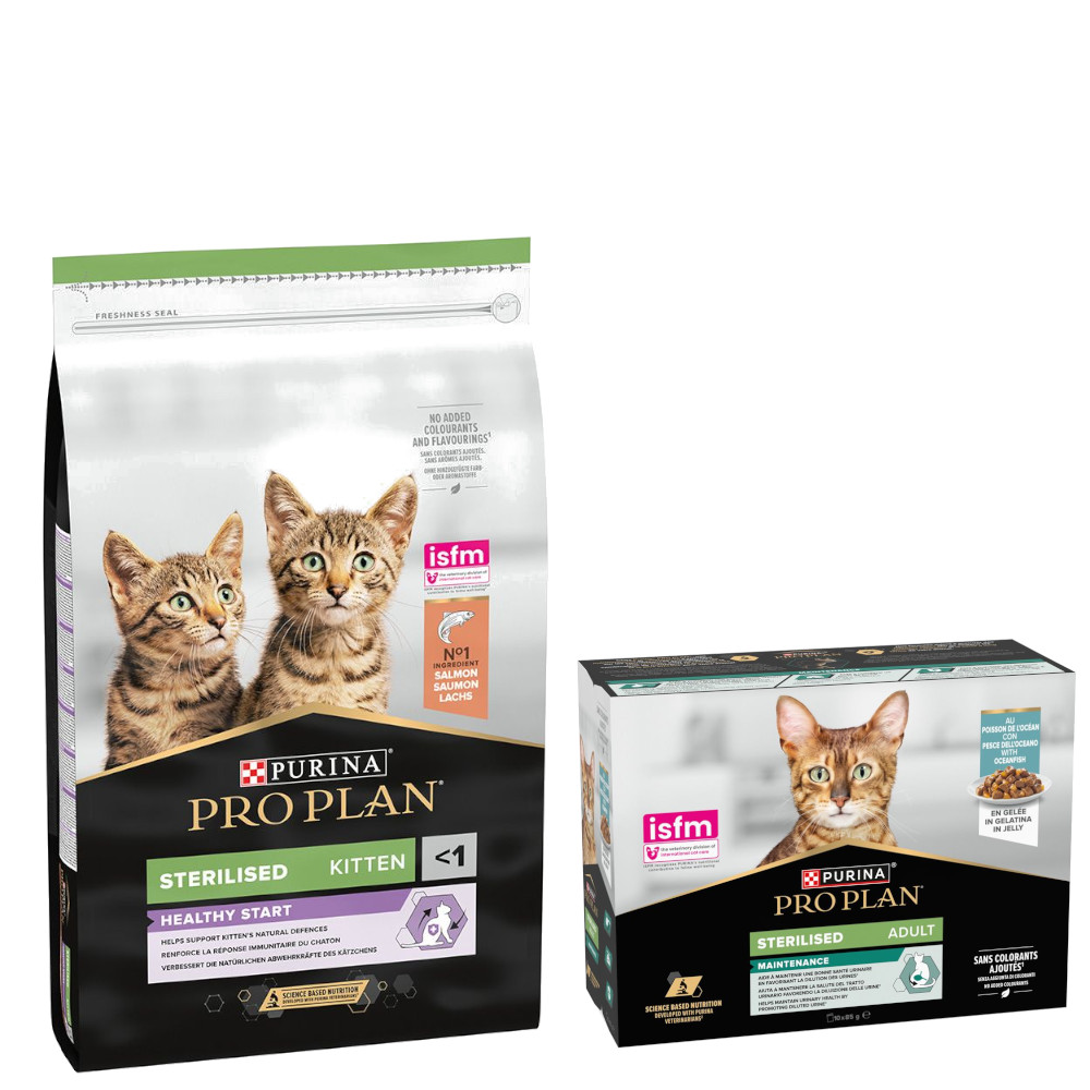 PURINA PRO PLAN Trockenfutter + 10 x 85 g Sterilised Adult Maintenance gratis!  - 10 kg Sterilised Kitten Healthy Start Lachs von Pro Plan