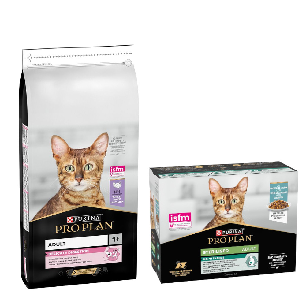 PURINA PRO PLAN Trockenfutter + 10 x 85 g Sterilised Adult Maintenance gratis!  - 14 kg Adult Delicate Digestion reich an Truthahn von Pro Plan