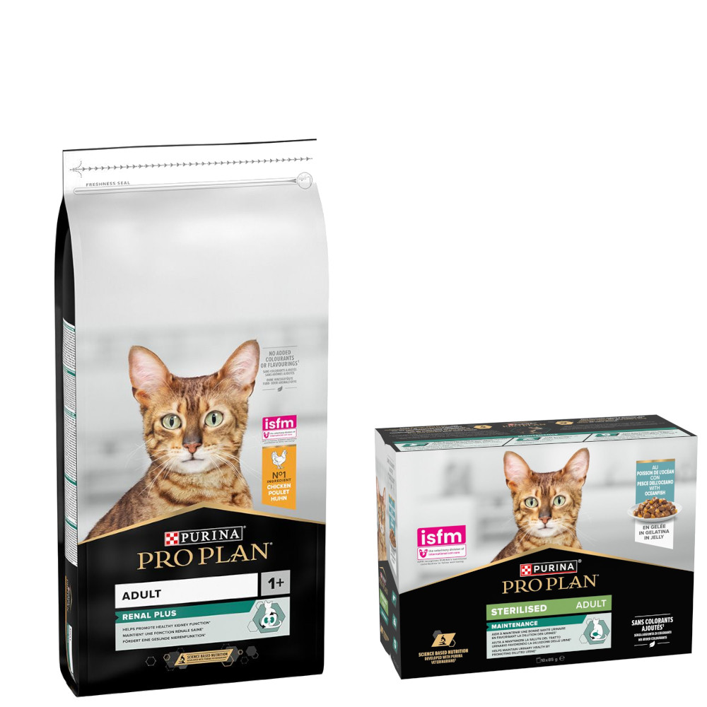 PURINA PRO PLAN Trockenfutter + 10 x 85 g Sterilised Adult Maintenance gratis!  - 14 kg Adult Renal Plus reich an Huhn von Pro Plan