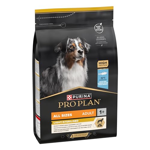 Purina Pro Plan Light/Sterilized Sterilisiertes Hundefutter für Erwachsene, leicht, Gewichtskontrolle mit Weißfischen, 4 x 3 kg von Pro Plan