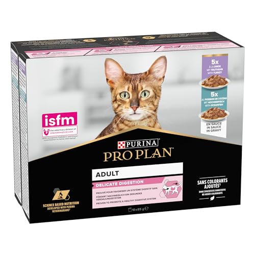 Purina Pro Plan Nassfutter für Erwachsene Katzen, Delikatesse, reich an Truthahn und Fisch, 4 Packungen à 10 Beutel à 85 g von Pro Plan