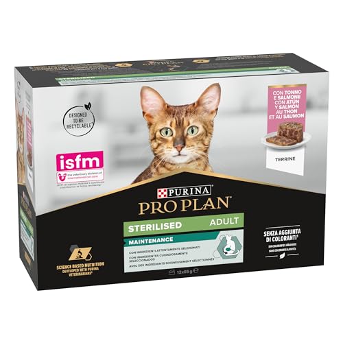Purina Pro Plan Nassfutter für Katzen, sterilisiert, Lachs und Thunfisch, 8 Packungen à 12 Dosen à 85 g von Pro Plan