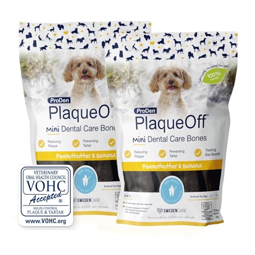 ProDen PlaqueOff 20 Mini-Dental-Knochen für kleine Hunde und Zwergrassen – Entferner von Zahnstein, Plaque & Mundgeruch, Spar-Bundle im 2er-Pack (Erdnussbutter & Banane) von ProDen PlaqueOff