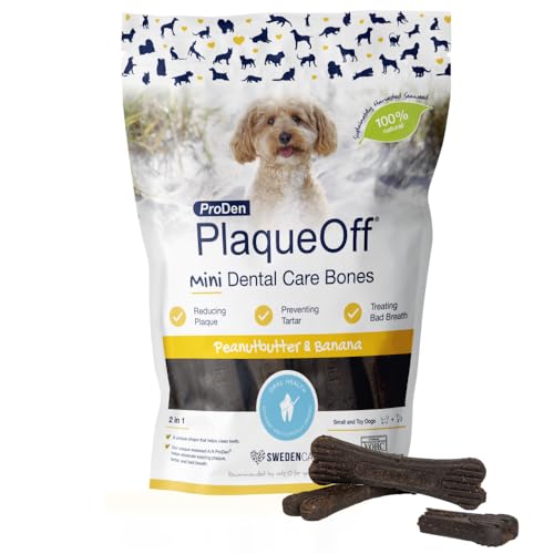 ProDen PlaqueOff Mini Kauknochen für Hunde Zahnpflege, Pack mit 20 Knochen, Dental Sticks für kleine Hunde, Zahnsticks Hund für Plaque und frischen Atem, Erdnussbutter & Banane ProDen PlaqueOff Mini Kauknochen für Hunde Zahnpflege, Pack mit 20 Knochen, Dental Sticks für kleine Hunde, Zahnsticks Hund für Plaque und frischen Atem, Erdnussbutter & Banane von ProDen PlaqueOff