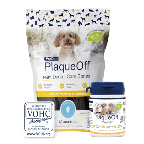 ProDen PlaqueOff Pulver für Hunde & Katzen, Entferner von Zahnstein & Mundgeruch mit 100% natürlichem Zahnbelag-Entferner (60 g Pulver mit Mini-Knochen mit Erdnussbutter – Bundle) von ProDen PlaqueOff