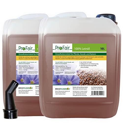 20 Liter ProFair Leinöl (2 x 10L Liter) kaltgepresst, 100% aus Reiner Leinsaat, ohne Zusätze, Einzelfuttermittel für Pferd, Hund und Katze von ProFair