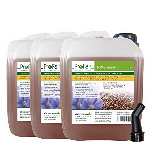 15 Liter ProFair Leinöl (3 x 5 Liter Kanister) kaltgepresst, 100% aus Reiner Leinsaat, ohne Zusätze, Einzelfuttermittel für Pferd, Hund und Katze von ProFair