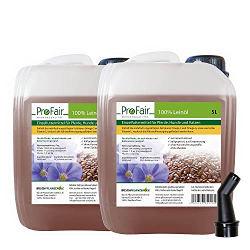 10 Liter ProFair Leinöl (2 x 5 Liter Kanister) kaltgepresst, 100% aus Reiner Leinsaat, ohne Zusätze, Einzelfuttermittel für Pferd, Hund und Katze von ProFair