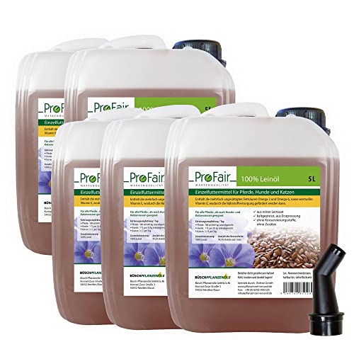 25 Liter ProFair Leinöl (5 x 5 Liter Kanister) kaltgepresst, 100% aus Reiner Leinsaat, ohne Zusätze, Einzelfuttermittel für Pferd, Hund und Katze von ProFair