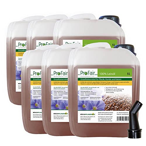 30 Liter ProFair Leinöl (6 x 5 Liter Kanister) kaltgepresst, 100% aus Reiner Leinsaat, ohne Zusätze, Einzelfuttermittel für Pferd, Hund und Katze von ProFair