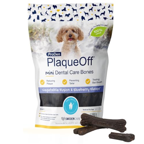 ProDen PlaqueOff Mini Kauknochen für Hunde Zahnpflege, Pack mit 20 Knochen, Dental Sticks für kleine Hunde, Zahnsticks Hund für Plaque und frischen Atem, Blaubeere & Gemüse von ProDen PlaqueOff