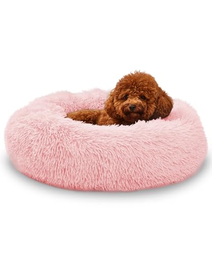 Prokei Beruhigendes Donut-Hunde- und Katzenbett, Anti-Angst-Bett für Welpen und Kätzchen, weiches, flauschiges, bequemes Kissen, für kleine Hunde und Katzen, passend für bis zu 11,3 kg, Rosa von Prokei