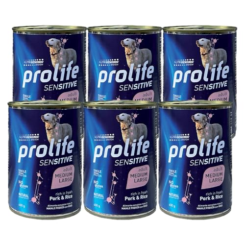 PROLIFE UMIDO CANE 6 x 400 g ADULT SENSITIVE SCHWEIN & REIS MEDIUM/L - Sparpack 6 Dosen à 400 g von Prolife